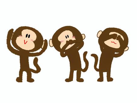 三猿 三猿,猿,聞かない,リアクション,可愛い,お知らせ用,宣伝用,pop調,手描き,挿絵のイラスト素材