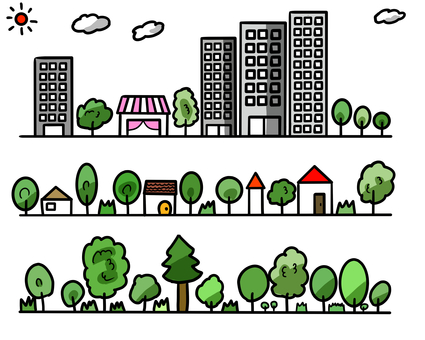 シンプルな街並み 街,家,木,草,植物,都会,田舎,ベクター,住宅,マンションのイラスト素材
