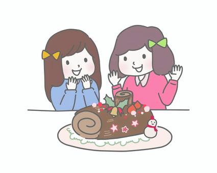 ブッシュドノエルと喜ぶ女の子たち クリスマス,女の子,笑顔,喜ぶ,楽しい,ケーキ,ブッシュドノエル,柊,ベル,星のイラスト素材