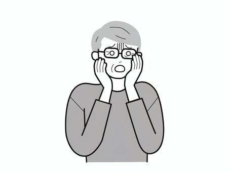 手を頬に当て青ざめるシニア男性2／白黒 上半身,長袖,両手,頬,青ざめる,おじいさん,老人,高齢者,シニア,眼鏡のイラスト素材