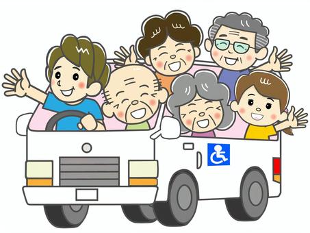 お年寄りを乗せて施設送迎楽しい送迎バス 送迎,バス,バン,車,お年寄り,高齢者,男性,女性,運転手,介護士のイラスト素材