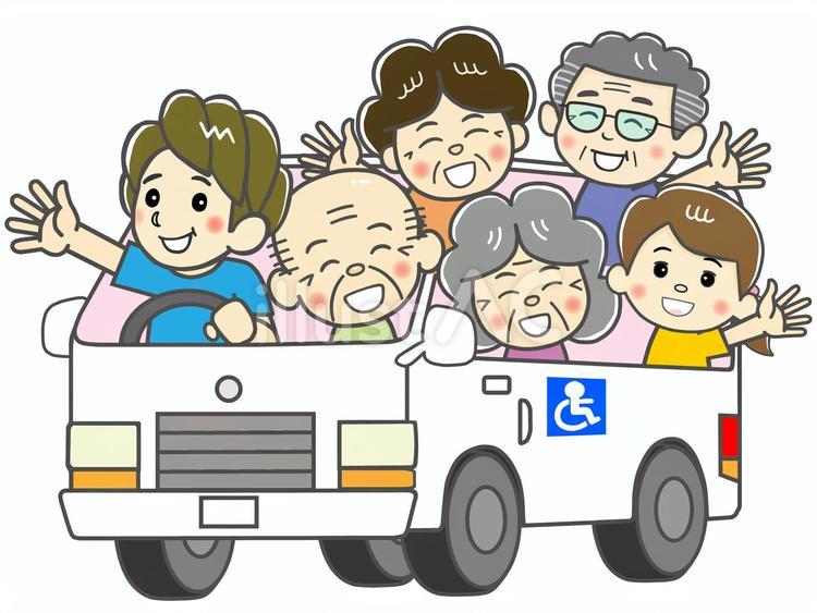 お年寄りを乗せて施設送迎楽しい送迎バス 送迎,バス,バンのイラスト素材