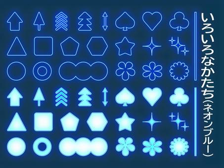 いろいろなかたち　ネオンブルー 図形,タグ,ブルー,ネオン,セット,ハート,星,矢印,スペード,シンプルのイラスト素材