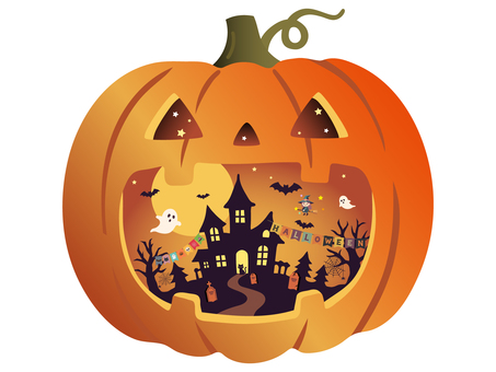 ハロウィンイラストカボチャの口の中の世界 ハロウィン,かぼちゃ,手描き,城,シルエット,halloween,魔女,イラスト,秋,背景のイラスト素材