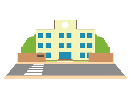 学校と道路 学校,建物,校舎,外観,小学校,中学校,高校,建築物,勉強,通学のイラスト素材