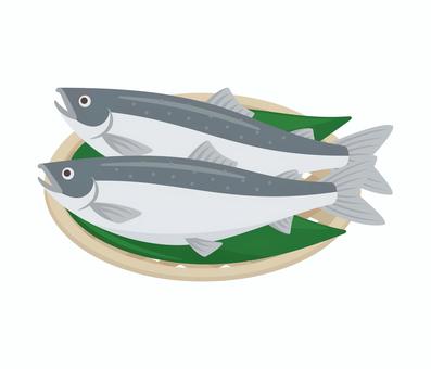 ざるに盛られた鮭,フラットイラスト 鮭,生鮮品,魚,魚類,竹笊,新鮮,海水魚,笹の葉,シンプル,ベクターのイラスト素材