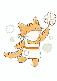 お掃除ネコ お掃除,掃除,大掃除,エプロン,ネコ,猫,イラスト,かわいい,埃のイラスト素材