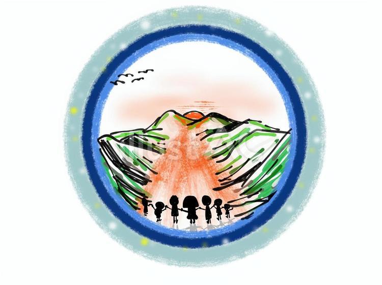 太陽と山と地球と仲間 おかっぱ,女の子,昭和のイラスト素材