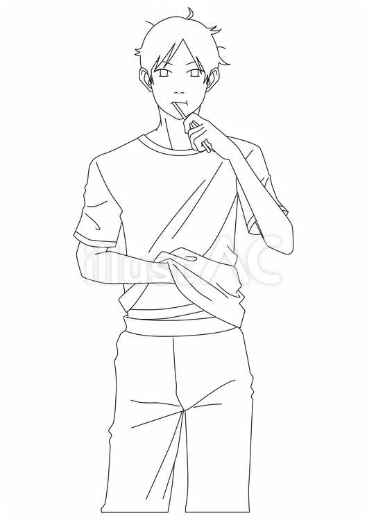 歯磨きをする男性モノクロ線画 歯磨き,寝癖,男性のイラスト素材
