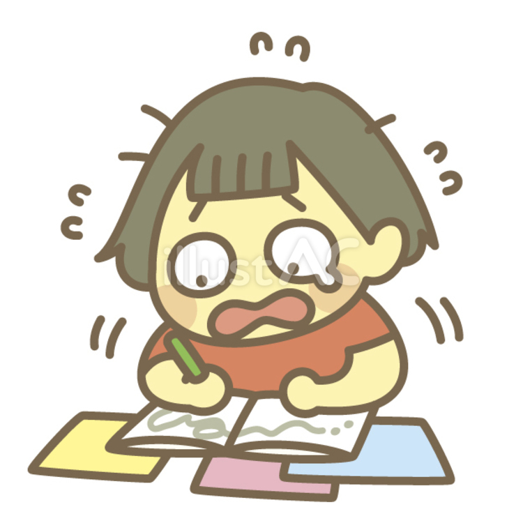 宿題が間に合わなく泣きべその女の子 夏休み,宿題,勉強のイラスト素材