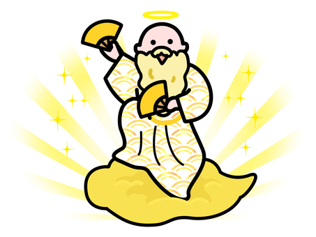 金雲にのった金運の神 金運,神様,キラキラ,イラスト,かわいい,ゆるい,手描き,挿絵,雲,扇子のイラスト素材