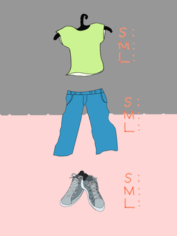 服のサイズイラスト シャツ,パンツ,スニーカー,ハンガー,サイズ,s,m,l,ファション,おしゃれのイラスト素材