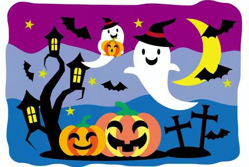 にぎやかハロウィン にぎやかハロウィン ハロウィン,おばけ,幽霊,カボチャ,こうもり,十字架,月夜,10月のイラスト素材