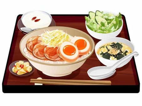 チャーシュー丼定食 チャーシュー丼定食 チャーシュー丼,定食,中華料理,料理,食べ物,チャーシュー,煮卵,ネギ,ご飯,米のイラスト素材