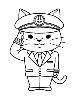 猫車掌　線画 猫,車掌,敬礼,ユニフォーム,線画,塗り絵のイラスト素材