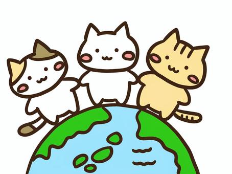 地球の平和・エコを伝える仲良しねこ達 地球,平和,エコ,自然,環境,世界,広い,大きい,青,緑のイラスト素材