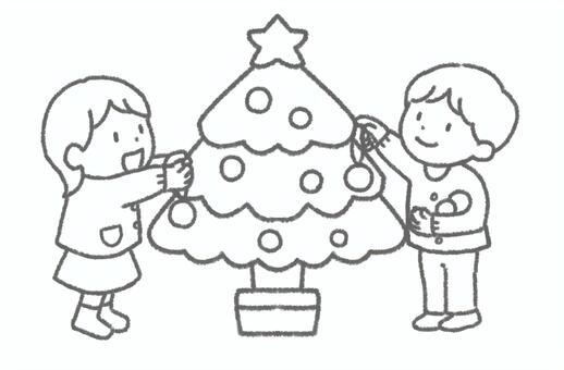 塗り絵　園服　クリスマスツリーの飾り付け クリスマス,クリスマスツリー,飾り付け,オーナメント,準備,12月,冬,行事,イベント,子供のイラスト素材