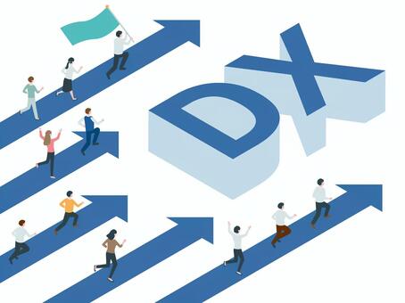 アイソメトリック_DXと人物のイメージ アイソメトリック,立体,アイソメ,斜め上,dx,成長,改善,達成,プロセス,課題のイラスト素材