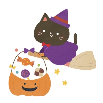 ハロウィンお菓子を運ぶ黒猫 ハロウィン,黒猫,お菓子,魔女,仮装,かぼちゃ,動物,ほうき,飛ぶ,乗るのイラスト素材