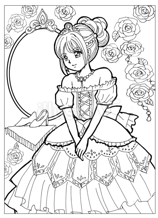 女の子ぬりえ線画シンデレラ風ドレスイラスト - No: 25690769