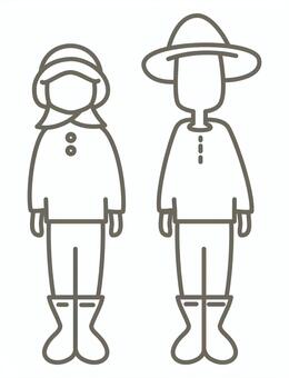 農家さん-男女-線画 農家,帽子,麦わら帽子,男女,夫婦,作業着,長靴,人,人物,ズボンのイラスト素材