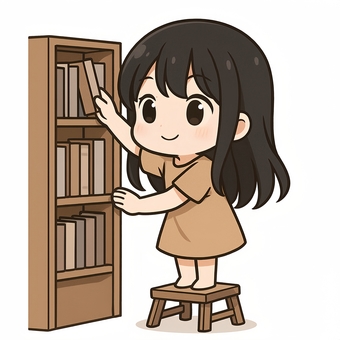 台に乗って本を取る女の子 台に乗って本を取る女の子 本,女の子,ちびキャラのイラスト素材