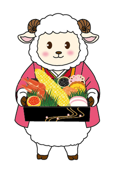 料理を運ぶ羊 年賀状素材,干支,十二支,未,未年,ひつじ,羊,着物,和装,和服のイラスト素材