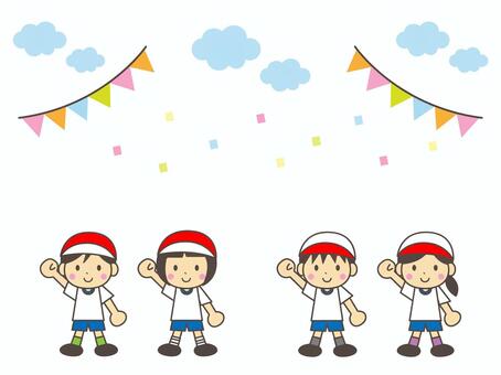 運動会（赤組と白組） 運動会,体育祭,秋,赤組,白組,頑張れ,応援,フラッグ,旗,雲のイラスト素材