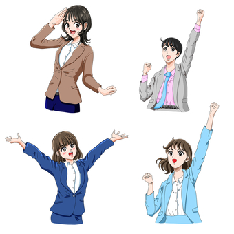 やる気あふれるビジネス人物イラストセット ビジネス,ビジネスマン,ビジネスウーマン,会社員,スーツ,ポーズ,ガッツポーズ,やる気,応援,前向きのイラスト素材