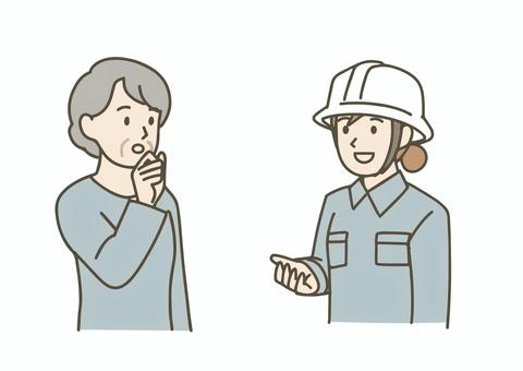 建築家から説明を聞くシニア女性 マイホーム,建築家,工務店,作業員,説明,アドバイス,住宅,購入,不動産,建築のイラスト素材