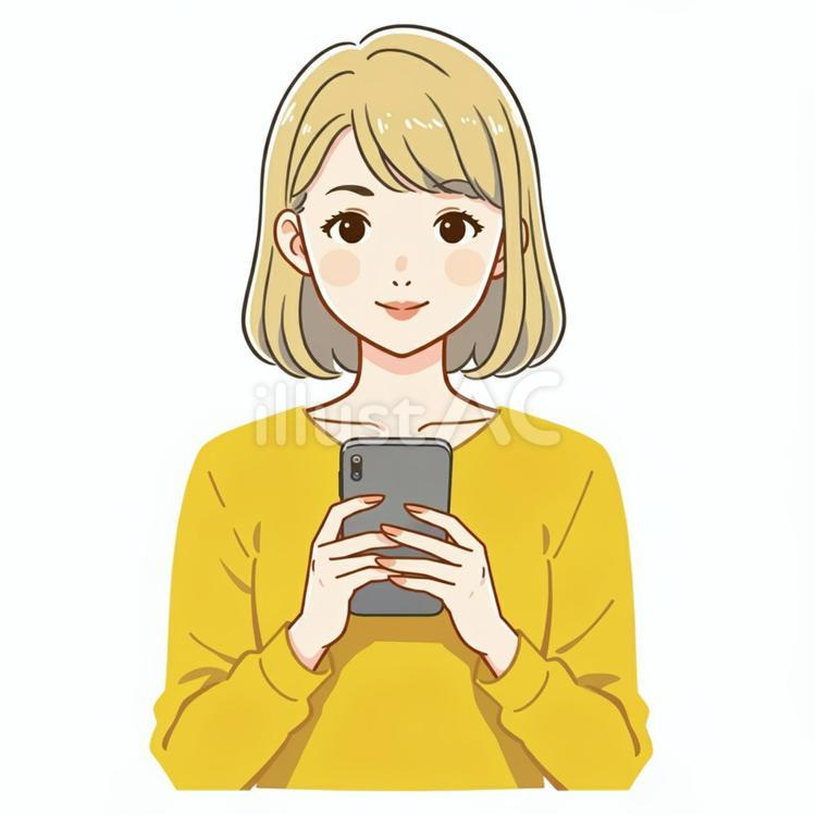携帯を使う姿 女性,スマホ,黄色い服のイラスト素材