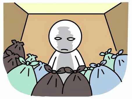 たくさんのごみ袋に唖然とする棒人間 ゴミ袋,棒人間,唖然,どうしよう,ゴミ屋敷,室内,部屋,かわいい,シンプル,人物のイラスト素材