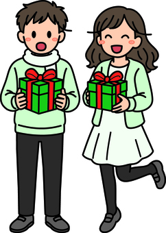 プレゼントを持つ緑の男子女子です。 プレゼント,シンプル,貰う,渡す,ギフト,贈り物,シーン,祝う,イベント,パーティーのイラスト素材