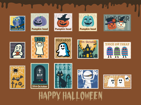 ハロウィン素材-10 ハロウィン,秋,10月,素材,切手風,おばけ,ゴースト,パンプキン,ジャックオーランタン,洋館のイラスト素材