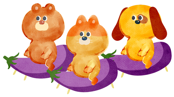 水彩画_お盆の野菜に乗る動物_03 猫,熊,犬,動物,手描き,水彩画,水彩,水彩風,水彩画風,精霊馬のイラスト素材