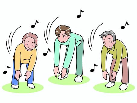 体操する人（年配の人と若い人） 体操,運動,高齢者,若者,ストレッチ,柔軟,リズム,音符,音楽,楽しいのイラスト素材