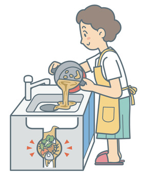 キッチンで排水管が詰まる様子 キッチン,排水管,なまゴミ,環境,処理,お母さん,女性,生活,人物,イラストのイラスト素材