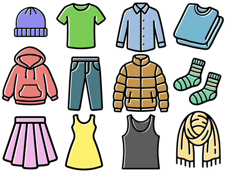シンプルな洋服のカラーアイコン アイコン,洋服,ニット帽,tシャツ,ワイシャツ,パーカー,ズボン,ダウン,靴下,スカートのイラスト素材