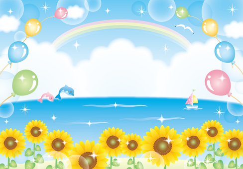 向日葵と海と風船のわくわくカード 海,夏,ひまわり,風船,空,雲,キラキラ,かわいい,フレーム,背景のイラスト素材