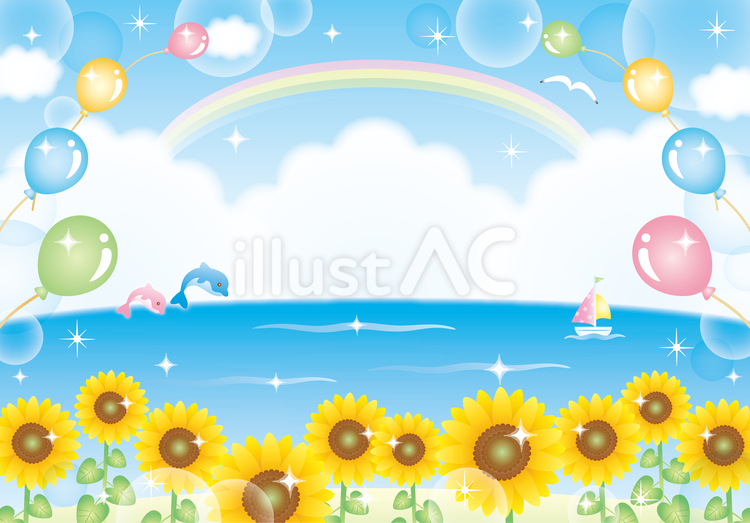 向日葵と海と風船のわくわくカード 海,夏,ひまわりのイラスト素材