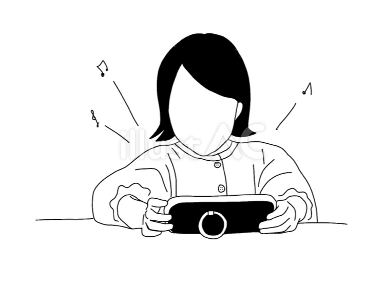線画　モノクロ　スマホで動画を見る少女 スマホ,スマートフォン,動画のイラスト素材