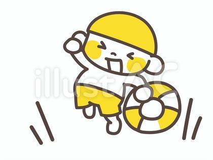 浮き輪を持ってジャンプする水着姿の男の子