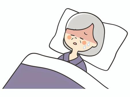 熱が出て休むおばあさん 熱,発熱,風邪,病気,寝込む,寝苦しい,うなされる,苦しい,しんどい,熱中症のイラスト素材