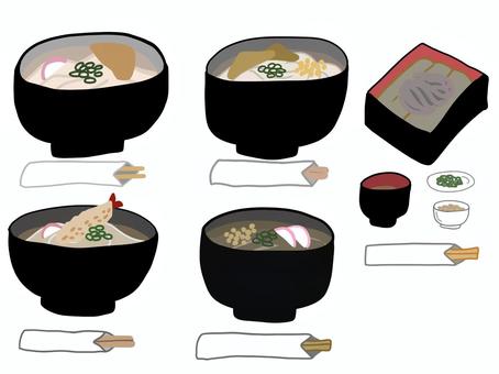 うどんとそばのイラスト うどん,そば,かけうどん,天ぷらうどん,ざるそば,食べ物,イラスト,セット,手描きのイラスト素材