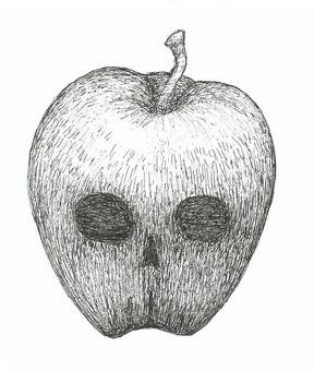 毒リンゴをイメージした手描きイラスト 林檎,ドクロ,ホラー,手描き,リアル,モノクロ,挿絵,白バック,線画,イラストのイラスト素材