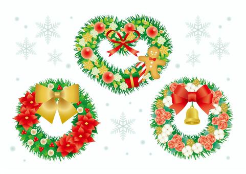 クリスマスリース-01 クリスマス,リース,ポインセチア,リボン,ジンジャークッキー,クリスマスホーリー,ベル,バラ,コットン,雪のイラスト素材