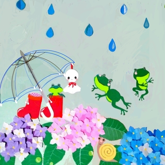 Hydrangea, frog and umbrella, JPG Hydrangea, frog and umbrella, raindrops, hydrangea, a frog, JPG