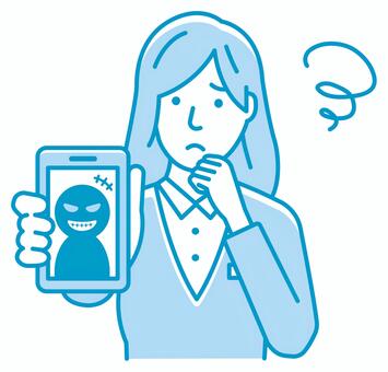 ネット詐欺・ハッキング女性会社員イラスト 詐欺,架空請求,悪人,女性,ビジネス,会社員,ol,電話,スマートフォン,困るのイラスト素材