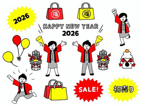 2026年初売り店員イラストセット 2026年初売り店員イラストセット 初売り,2026年,人物,正月,女性,買い物,仕事,文字,花,ビジネスのイラスト素材