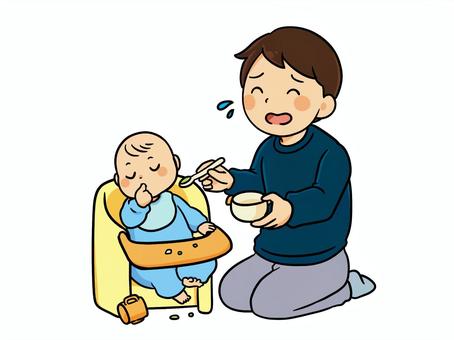 離乳食をあげるパパ パパ,離乳食,育児,食事,赤ちゃん,スプーン,ベビーチェア,困る,不機嫌,指しゃぶりのイラスト素材